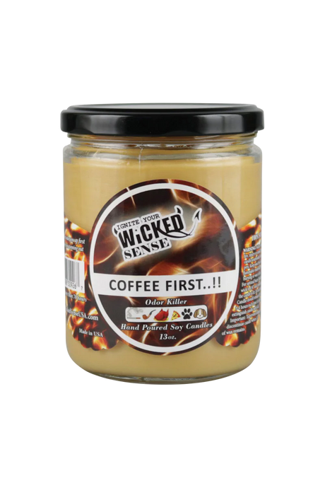 Wicked Sense 13 oz Soy Candle, Coffee Scent, Odor Eliminating, Front View on Seamless White