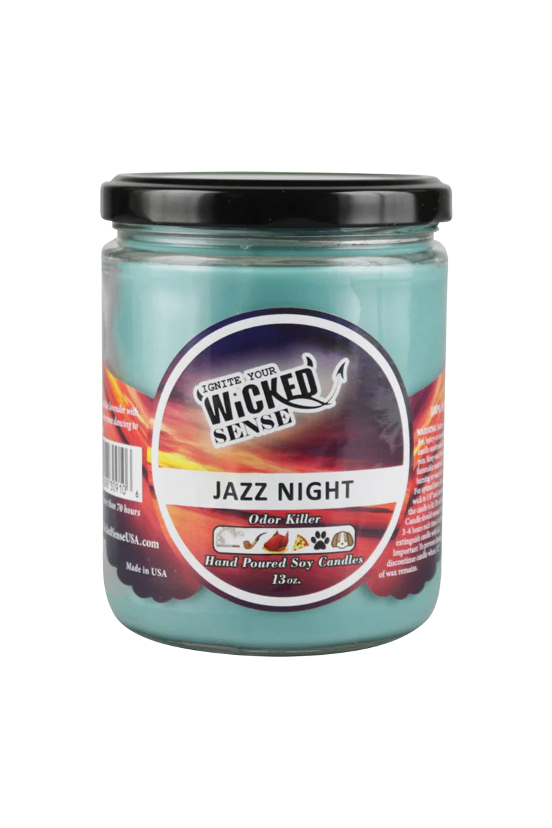 Wicked Sense Jazz Night 13 oz Soy Candle, blue and purple, portable, made in USA