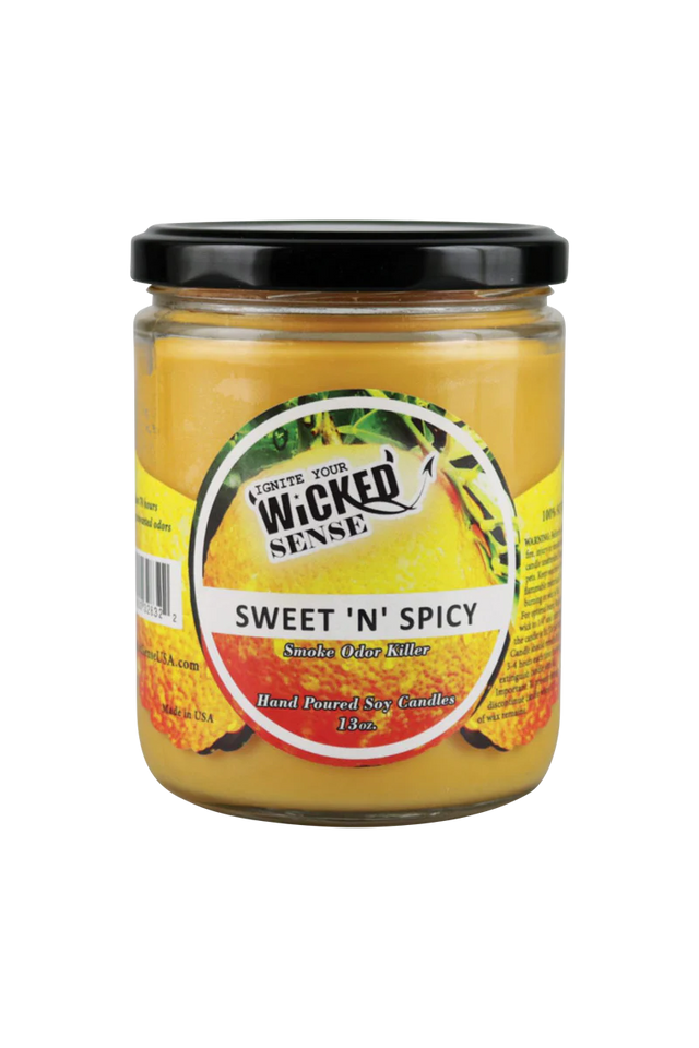 Wicked Sense Sweet 'N' Spicy soy candle, 13 oz, front view on seamless white background