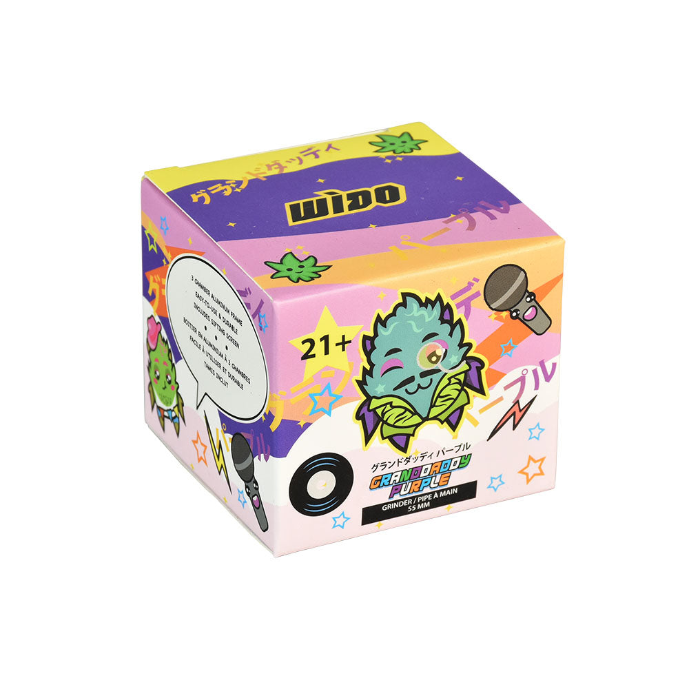 Wido Strain Herb Grinder packaging with colorful, fun designs on a white background