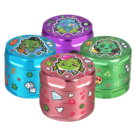 Wido Strain Herb Grinders in various colors with fun designs, 4-piece, 2.2" for smooth grinding