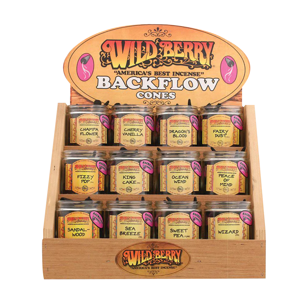 Wild Berry Backflow Incense Cones Display featuring 12 assorted scents in a wooden stand