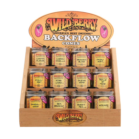 Wild Berry Backflow Incense Cones Display featuring 12 assorted scents in a wooden stand