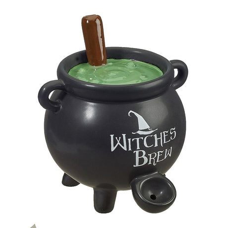 Fantasy Ceramic Witch Cauldron Hand Pipe with Deep Bowl - Front View