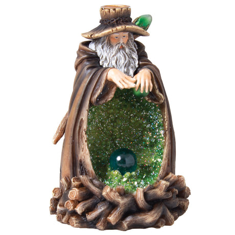 Polyresin Wizard Backflow Incense Burner with glittering green orb, front view on white background