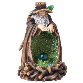 Polyresin Wizard Backflow Incense Burner with glittering green orb, front view on white background