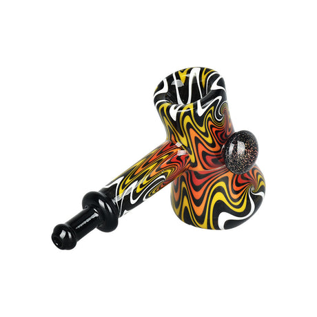 Wondrous Waves Bubbler Pipe with vibrant dichro marble and flame-like design, side view on white background