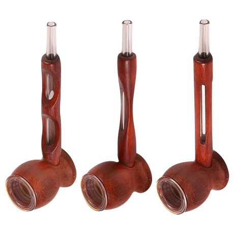 Wood & Glass Thin Stem Hybrid Pipes for Dry Herbs, Heavy Wall Construction, 4.75" Tall - Angled View