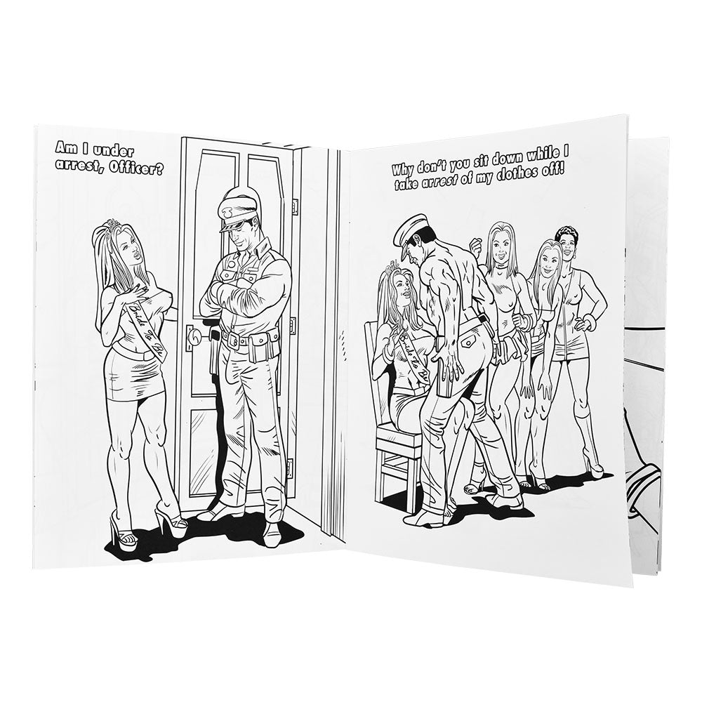 Wood Rocket Bachelorette Party Coloring Book open to adult-themed party scene, front view