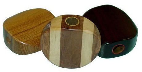 Three Wood Smoking Stones in various wood tones, portable and discreet design, front view on white background
