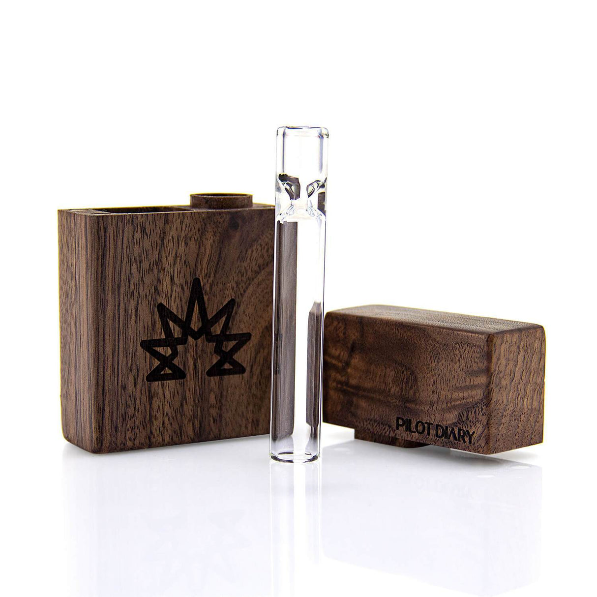 PILOT DIARY Wood Dugout with Engraved Leaf Design and Glass One Hitter Pipe