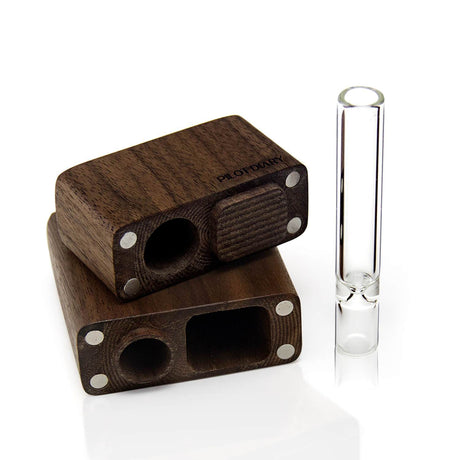 PILOT DIARY Wood Dugout with Clear Glass One Hitter Pipe, Front View on White Background