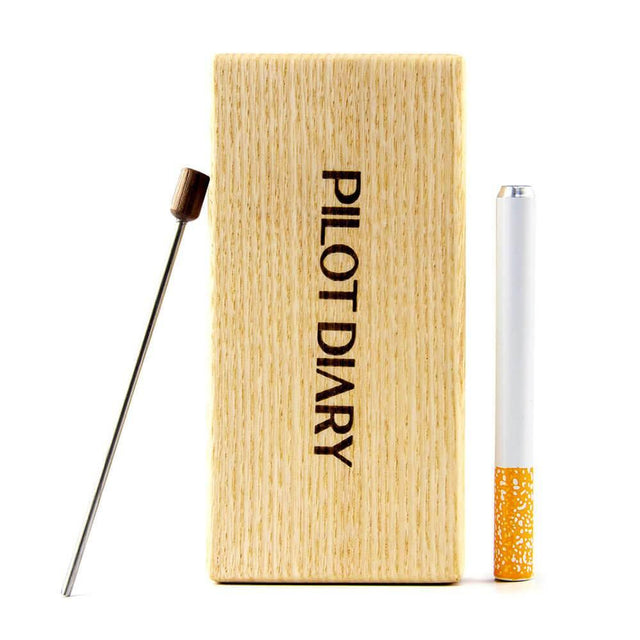 PILOT DIARY Wooden Dugout with Metal Cleaning Tool and White One-Hitter, Front View