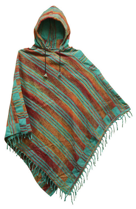 Colorful Wool Striped Poncho with Hood and Fringe Detail, Front View on White Background