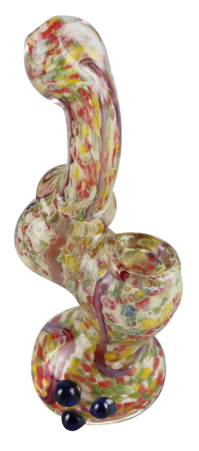 Colorful Worked Beaded Mini Bubbler Pipe in Borosilicate Glass, 4.75" Tall - Front View