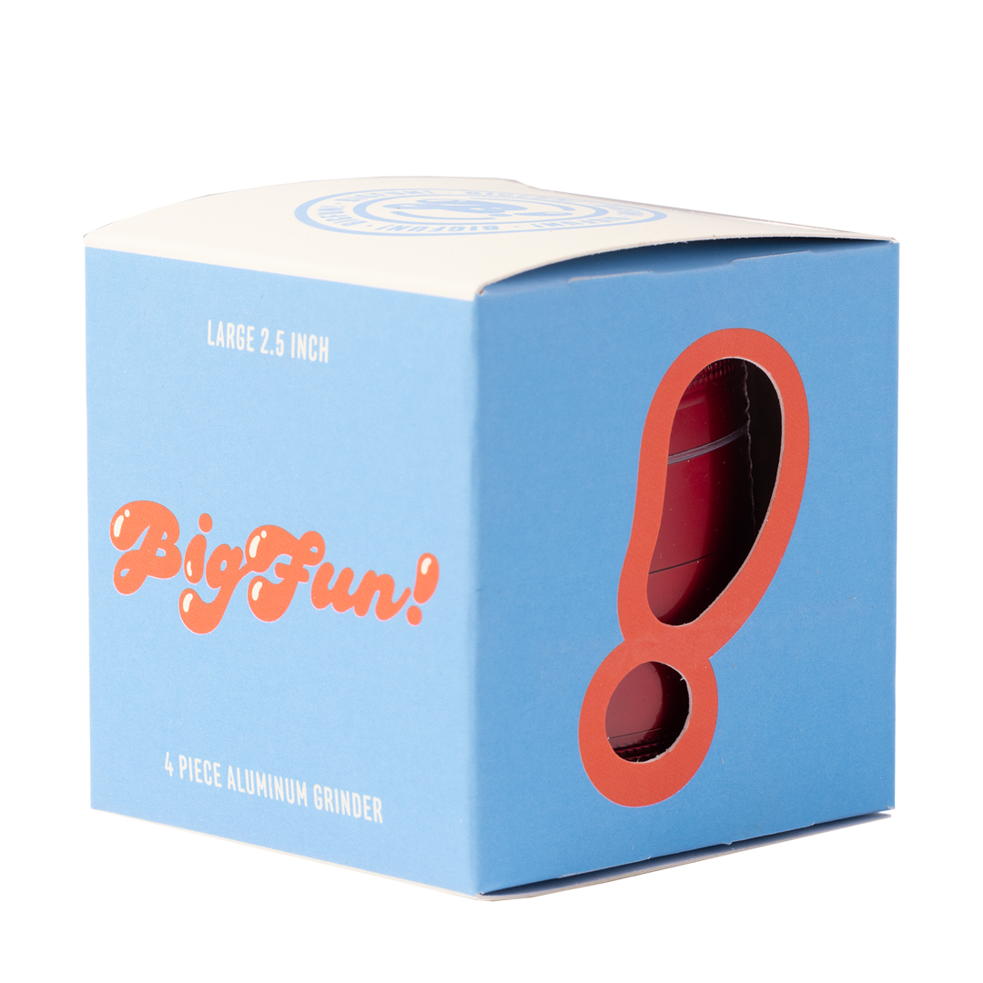 BigFun! 2.5" Large Aluminum Grinder packaging with clear viewing window