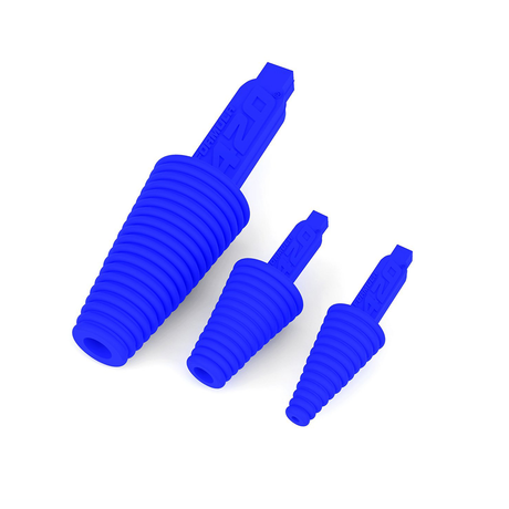 Formula 420 Cleaning Plugs in blue for secure sealing, displayed in three sizes on white background