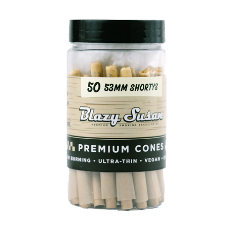 Blazy Susan 53mm Shorts Premium Cones, 50-pack front view, unbleached, slow-burning, vegan