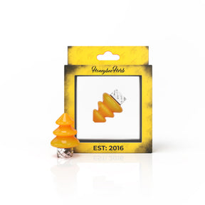 Honeybee Herb Tree Top Spinner Carb Cap in Yellow for Dab Rigs, Front View on Display Card