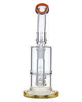 Yellow Valiant Bubbler Rig, 8 inch, clear borosilicate glass with yellow accents, front view