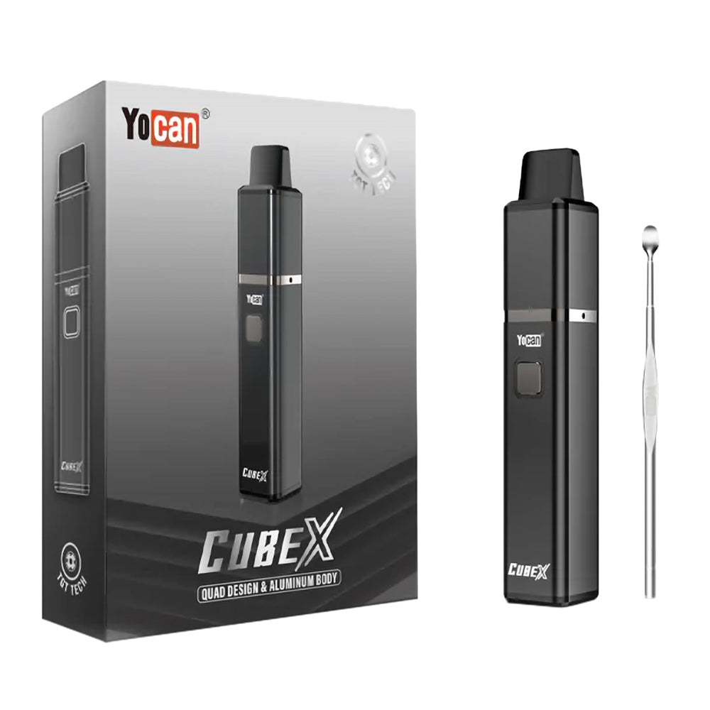 Yocan Cubex Concentrate Vaporizer in Black with 1400mAh Battery, Packaging, and Dab Tool