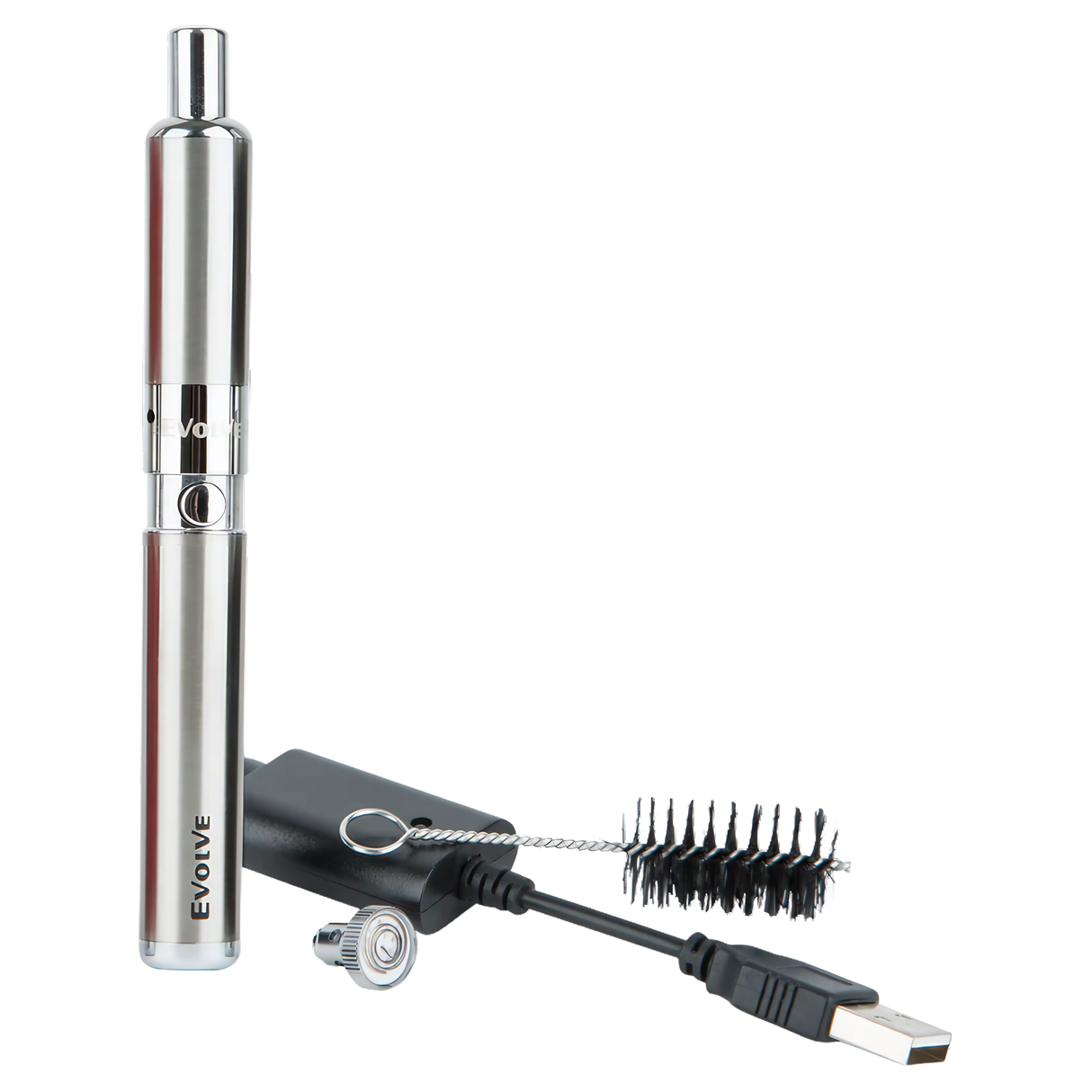 Yocan Evolve-D Dry Herb Vaporizer in Silver, Front View with USB Charger