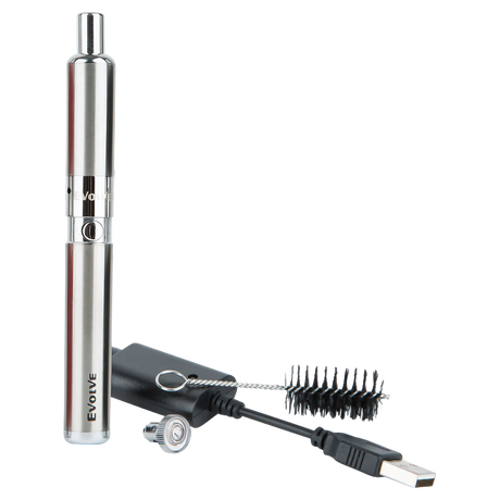 Yocan Evolve-D Dry Herb Vaporizer in Silver, Front View with USB Charger