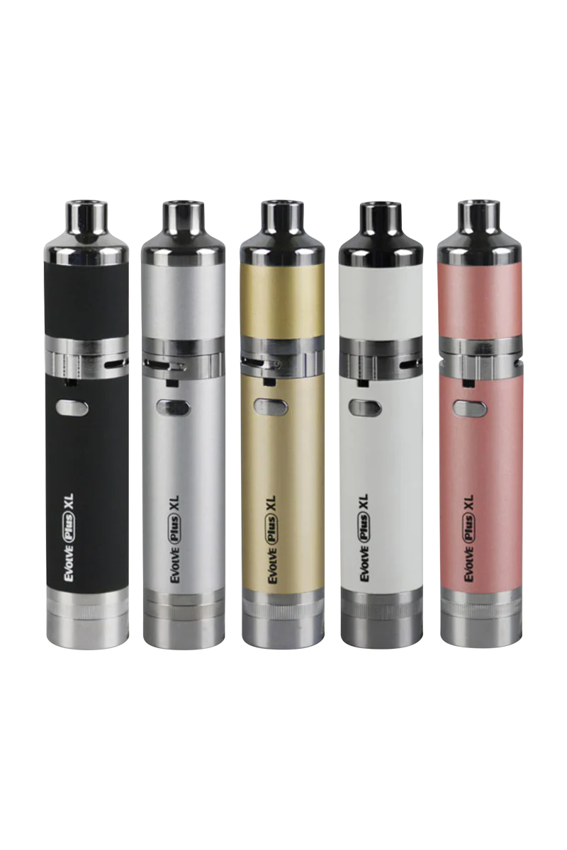 Yocan Evolve Plus XL Vaporizers in black, silver, gold, white, and pink, front view on white background