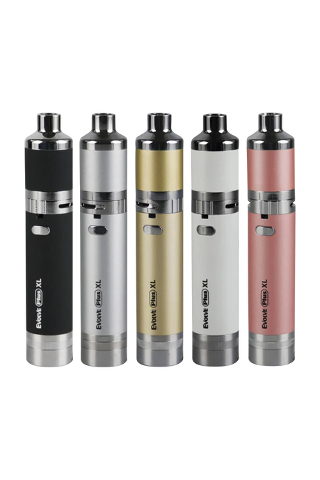 Yocan Evolve Plus XL Vaporizers in black, silver, gold, white, and pink, front view on white background