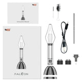 Yocan Falcon 6 in 1 vape kit with concentrate and dry herb attachments, cleaning tools, and manual