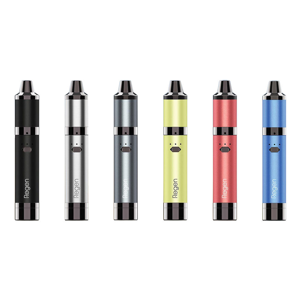 Yocan Regen Wax Dab Pen Vaporizers in black, silver, gray, red, and blue, front view on white background