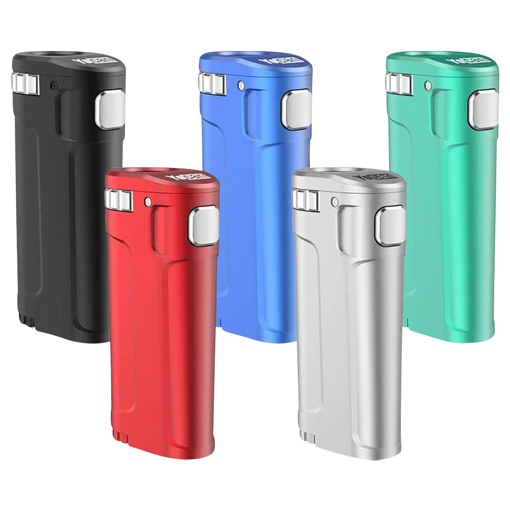 Yocan UNI Twist Universal Mods in black, blue, red, green, and silver, compact and portable design
