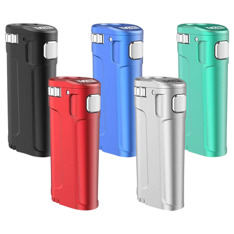 Yocan UNI Twist Universal Mods in black, blue, red, green, and silver, compact and portable design