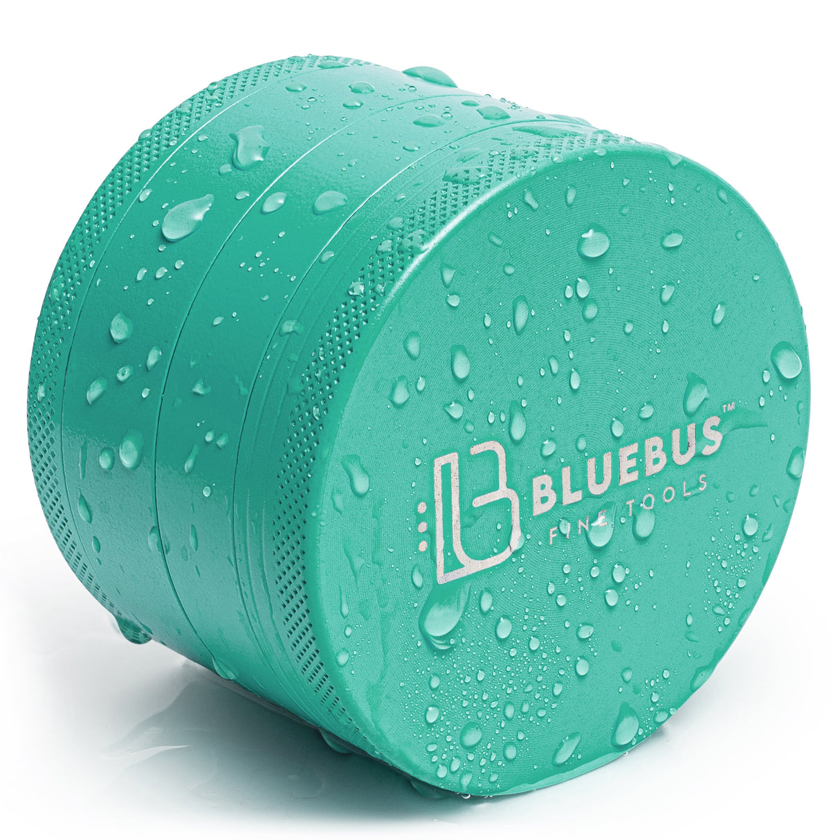 GC 2.5" Teal Ceramic Herb Grinder by Blue Bus Fine Tools with Water Droplets - Side View