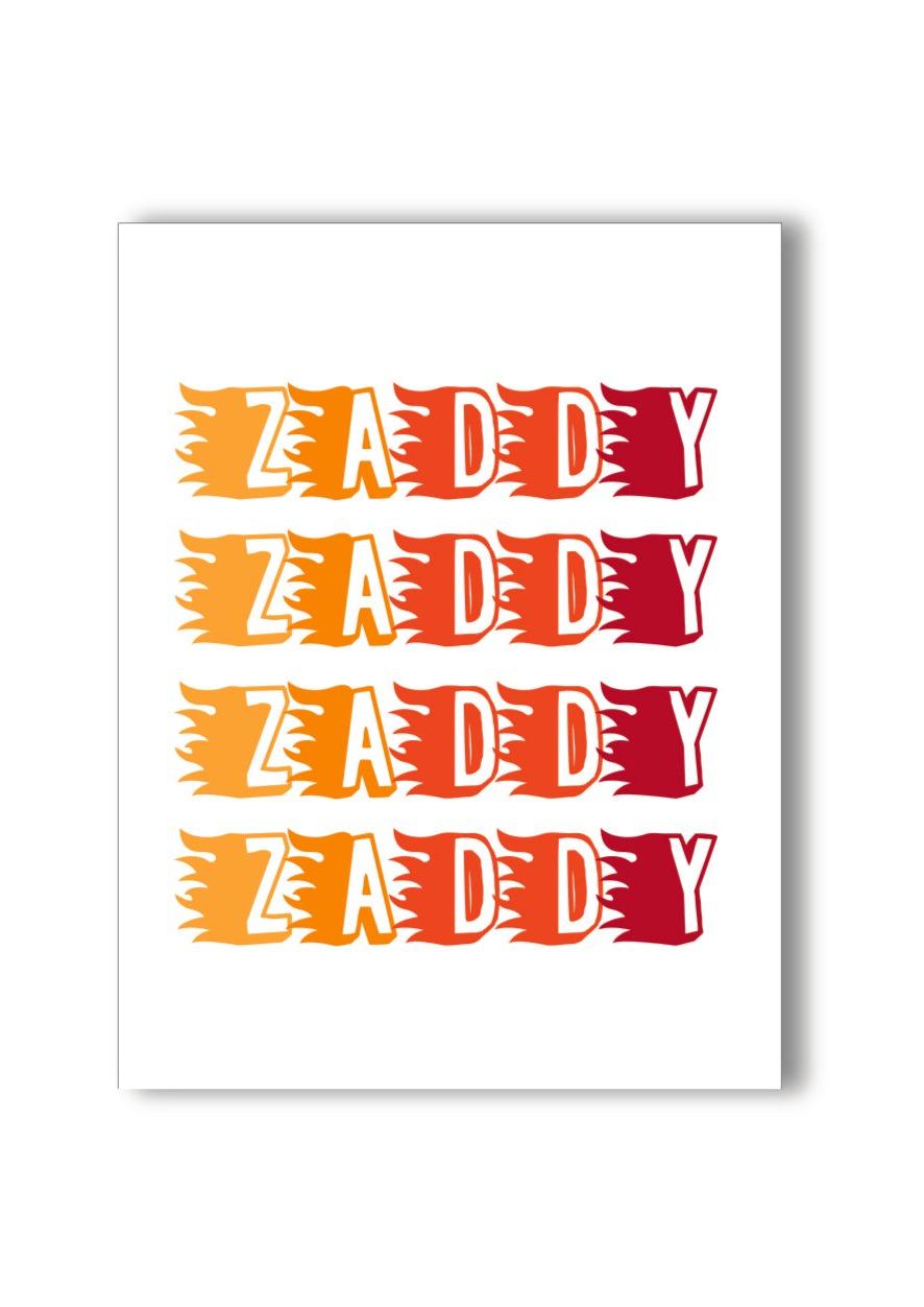 KKARDS Zaddy Card featuring bold text in fiery gradient, front view on white background