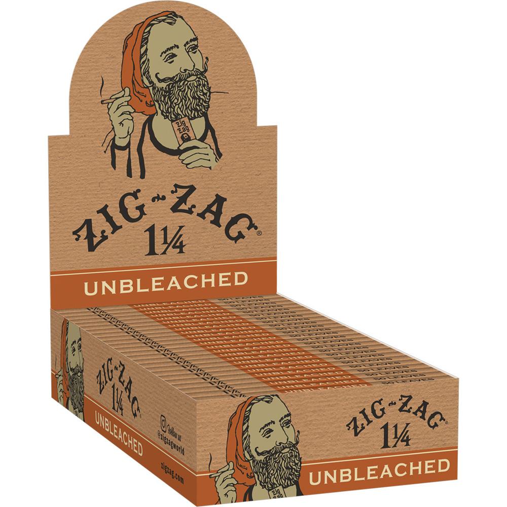 Zig Zag 1 1/4" Unbleached Rolling Papers 24 Pack display box, front view on white background