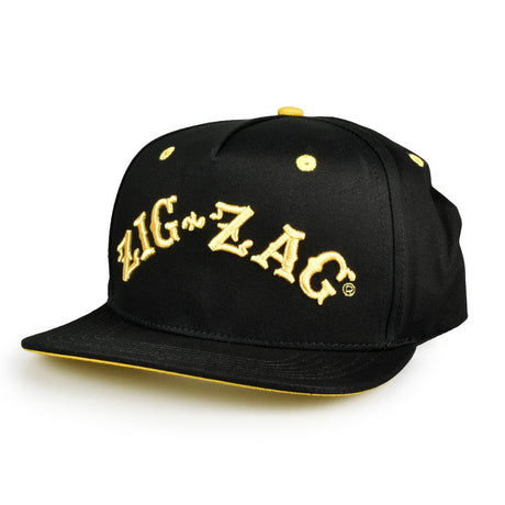 Zig Zag Black Snapback Hat with Gold Logo, Front View, Unisex One Size Fits All