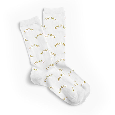 Zig Zag Crew Socks in white with gold logo, cotton blend, fun novelty design, front view