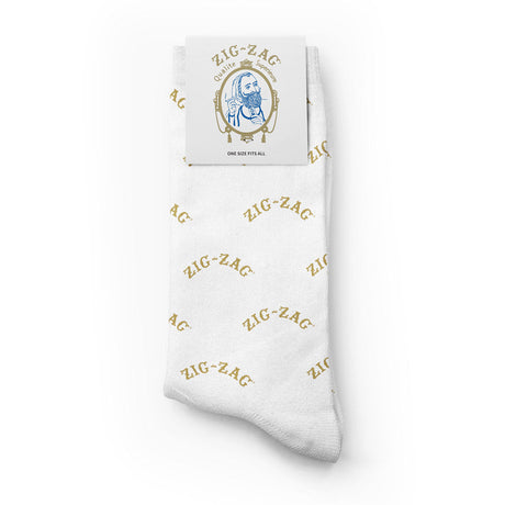 Zig Zag Crew Socks in White with Gold Logo, Front View on Seamless White Background