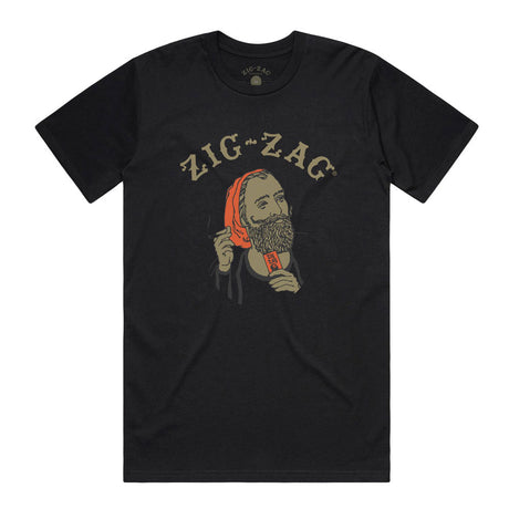 Zig Zag Gold Boris graphic on black cotton blend t-shirt, front view on white background