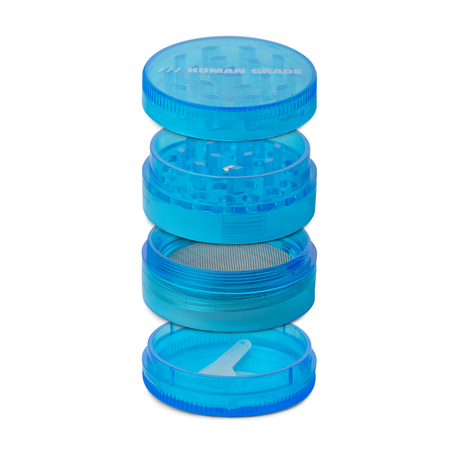 Human Grade Colorful Plastic Grinder in Blue, Stacked Open View Showing Compartments